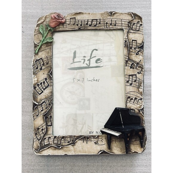 VTG Rustic Piano Roses Music Notes Resin Picture Frame 5"x7" Photo Holder - Picture 4 of 8